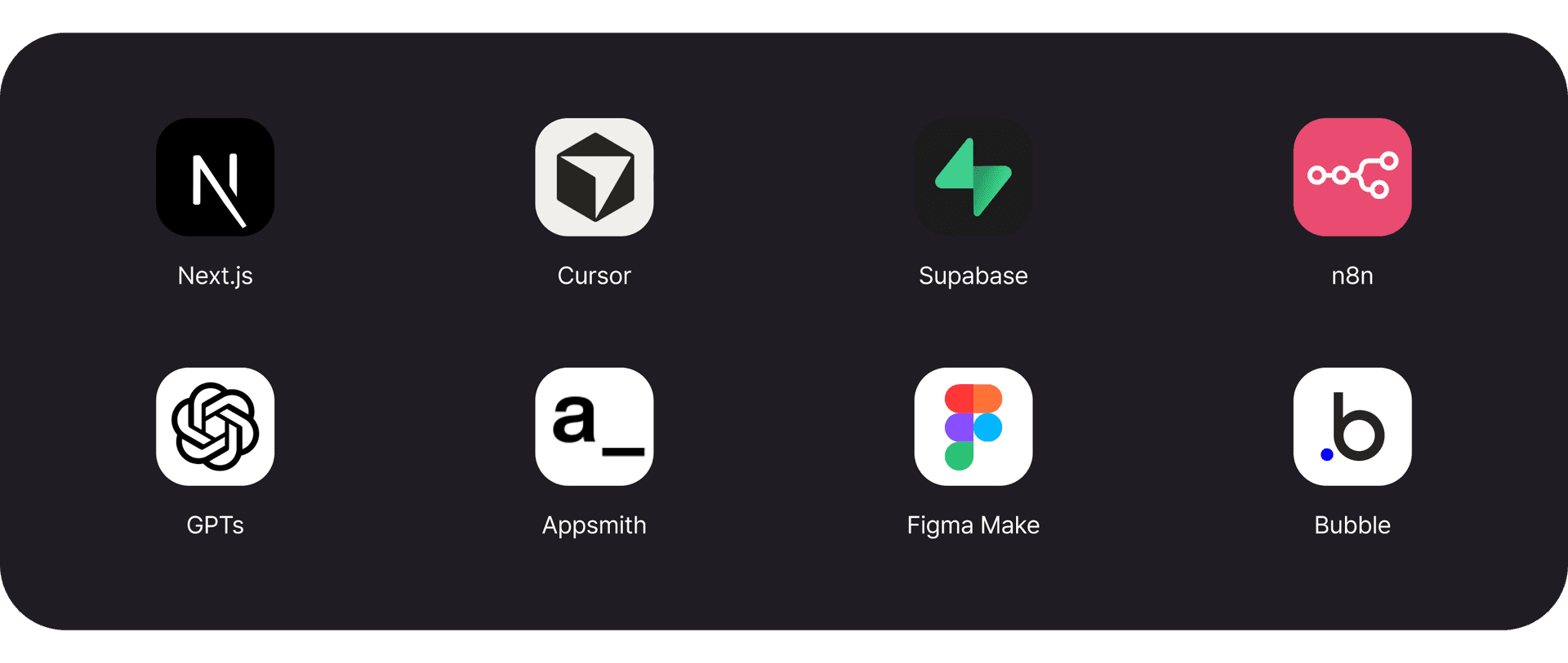 활용 기술 - Next.js, Cursor, Supabase, n8n, GPTs, Appsmith, Figma Make, Bubble